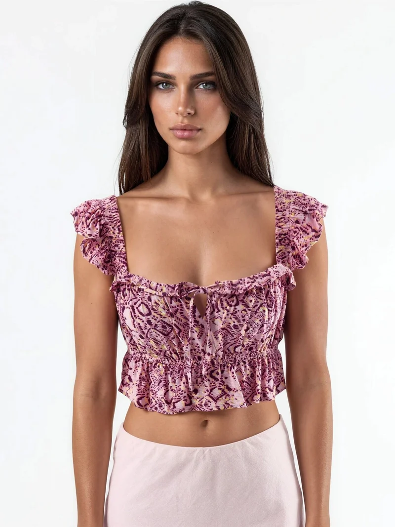 Busem Burgundy Red BUSEM Frilly Square Collar Printed Blouse for Women | Best Price UAE