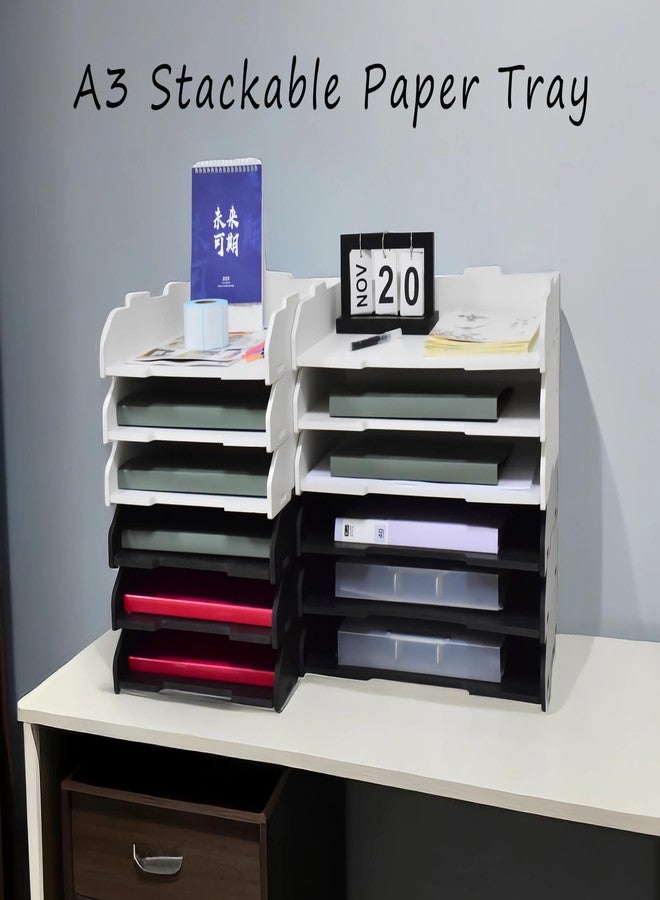 YFS A3 Stackable Paper Tray, 3 Tier Desk File Organizer, Desktop Organizer for Office Supplies, File Storage, Letter Organizer /A3 Office File Folder,Home or Office School, White (Landscape-White-3-Tier) - Image 5