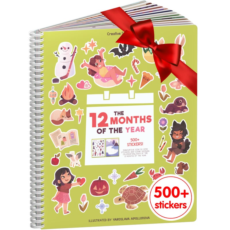 CUPKIN 12 Months Sticker + Coloring Book (500+ Calendar Stickers for Kids & 12 Coloring Pages) Side by Side Activity Book, Fun Sticker Books, Boys & Girls Ages 2-4 4-8, 8-10 - Image 1