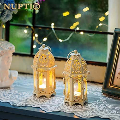 NUPTIO 2 Pcs Moroccan Style Candle Lantern - Small Sized Tealight Candle Holder with Transparent Glass Panels Great for Patio, Indoors/Outdoors, Events, Parties and Weddings, White - Image 5