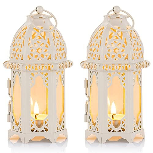 NUPTIO 2 Pcs Moroccan Style Candle Lantern - Small Sized Tealight Candle Holder with Transparent Glass Panels Great for Patio, Indoors/Outdoors, Events, Parties and Weddings, White - Image 1