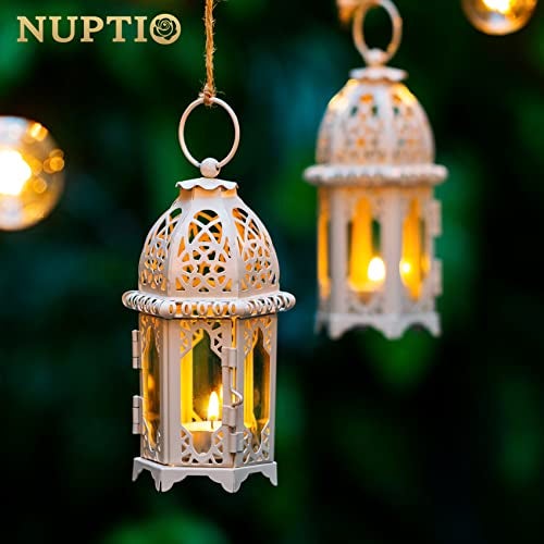NUPTIO 2 Pcs Moroccan Style Candle Lantern - Small Sized Tealight Candle Holder with Transparent Glass Panels Great for Patio, Indoors/Outdoors, Events, Parties and Weddings, White - Image 4