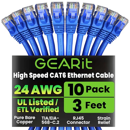 GearIT Cat 6 Ethernet Cable Pack - 10-Pack 3 ft Cat6 Ethernet Patch Cables | RJ45 Network Patch Cable, 10 Gbps Snagless Gold-Plated Connectors - Ethernet Cable Cat 6 for PC, TV, Router - Blue - Image 1