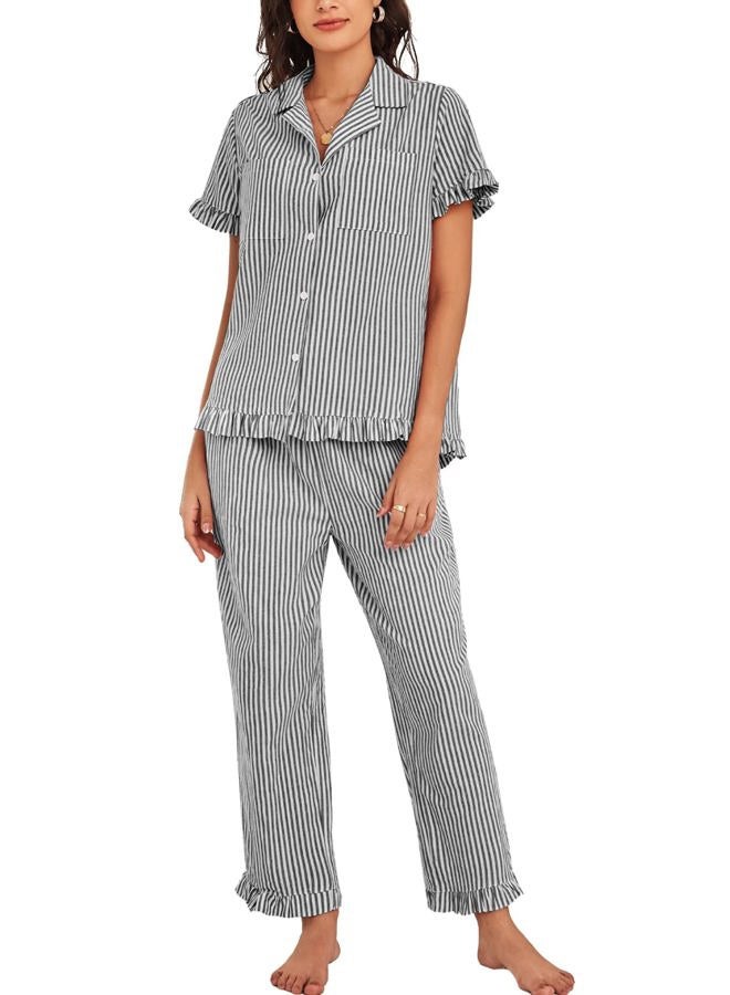 Flygo Womens Striped Pajama Sets Cotton Button Down Sleepwear Short Sleeve Top Long Ruffle Pants 2 Piece Pjs Loungewear Sets, Black, XL - Image 1