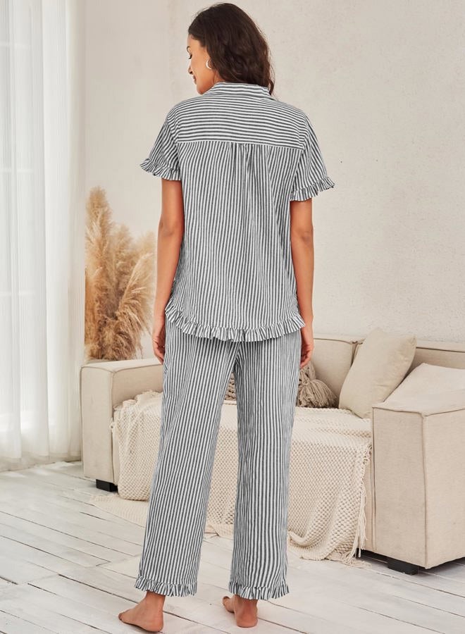 Flygo Womens Striped Pajama Sets Cotton Button Down Sleepwear Short Sleeve Top Long Ruffle Pants 2 Piece Pjs Loungewear Sets, Black, XL - Image 4