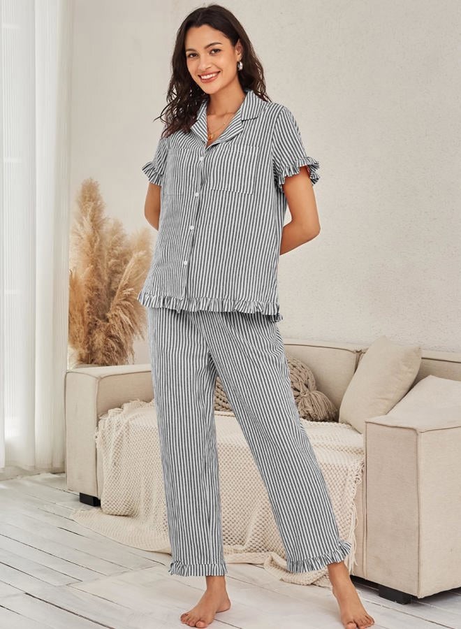 Flygo Womens Striped Pajama Sets Cotton Button Down Sleepwear Short Sleeve Top Long Ruffle Pants 2 Piece Pjs Loungewear Sets, Black, XL - Image 2