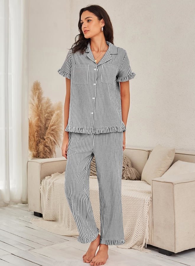 Flygo Womens Striped Pajama Sets Cotton Button Down Sleepwear Short Sleeve Top Long Ruffle Pants 2 Piece Pjs Loungewear Sets, Black, XL - Image 3