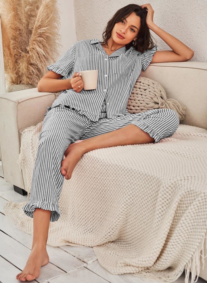 Flygo Womens Striped Pajama Sets Cotton Button Down Sleepwear Short Sleeve Top Long Ruffle Pants 2 Piece Pjs Loungewear Sets, Black, XL - Image 5