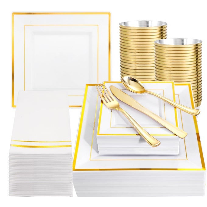 350PCS GOLD PLASTIC PLATES DISPOSABLE SQUARE GOLD PLATES DINNERWARE SET INCLUDE 956 PLATESCUPSPLASTIC CUTLERYHAND NAPKINS PERFECT FOR 50 GUESTS PARTYWEDDINGBIRTHDAY