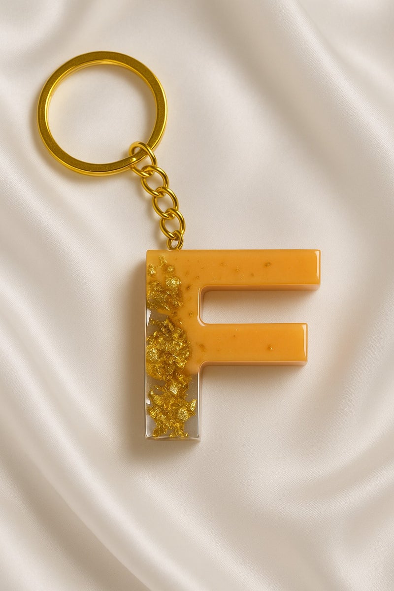 Handmade Resin Alphabet Keychain – Letter F with Gold Foil & Peach Tones | Personalized Gift for Him andHer