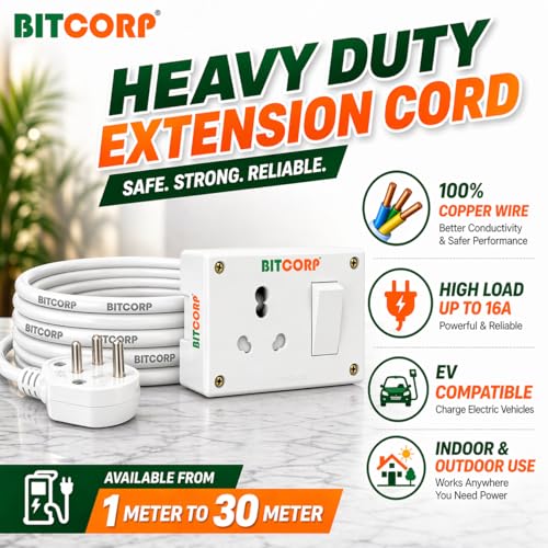 BITCORP 16A Heavy Duty Power Extension Board with Switches with 1 Socket 1 Switch, 3500W, 3 Meter 2.5mm Electric Cord for AC, Refrigerator, EV Charger, Washing Machine, Geyser - Image 2