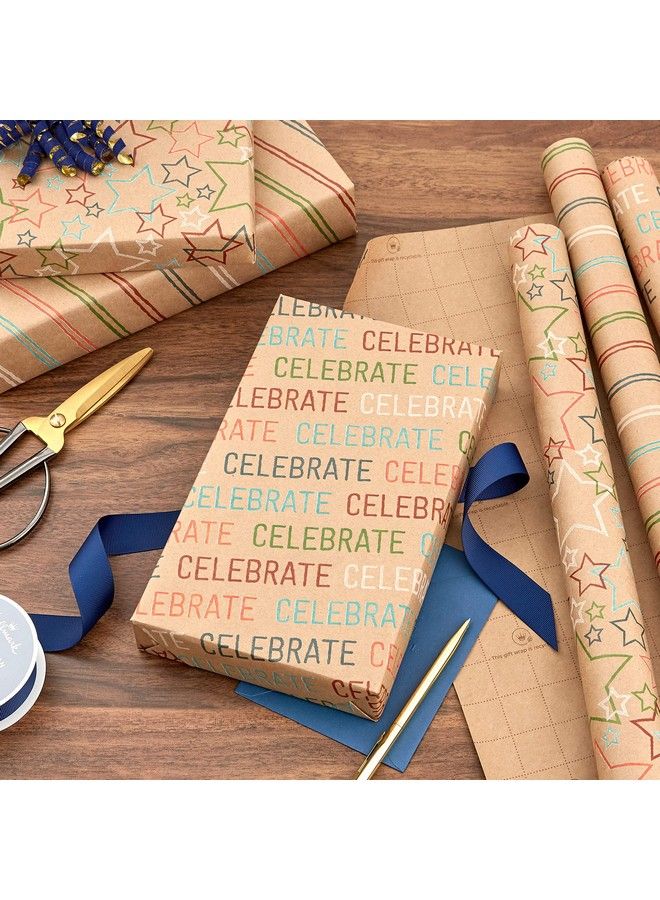 Hallmark ورق تغليف قابل لإعادة التدوير مع خطوط قطع على الجهة الخلفية (3 لفات: 60 قدم مربع إجمالي) خطوط قوس قزح تحتفل بالنجوم على كرافت بني لأعياد الميلاد والتخرج وحفلات الأطفال - Image 3