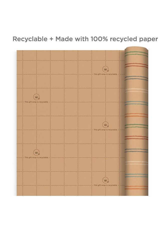 Hallmark ورق تغليف قابل لإعادة التدوير مع خطوط قطع على الجهة الخلفية (3 لفات: 60 قدم مربع إجمالي) خطوط قوس قزح تحتفل بالنجوم على كرافت بني لأعياد الميلاد والتخرج وحفلات الأطفال - Image 5