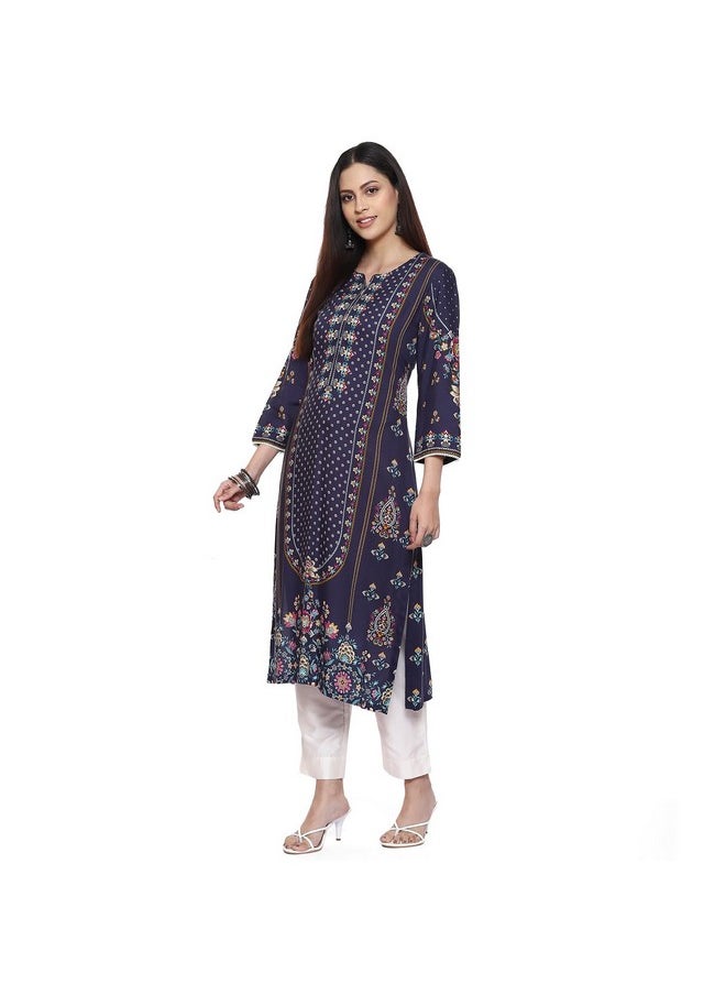 Biba - BIBA Rayon Women Printed Straight Mix and Match Kurta (Assorted19754_Navy_32) - Image 1