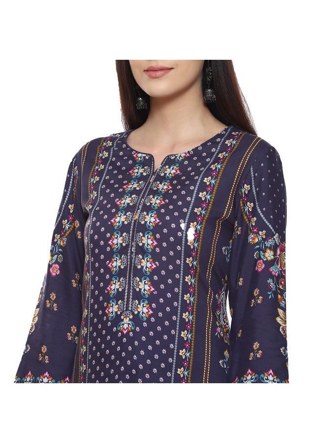 Biba - BIBA Rayon Women Printed Straight Mix and Match Kurta (Assorted19754_Navy_32) - Image 1