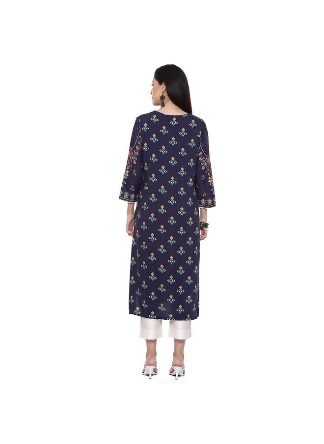 Biba - BIBA Rayon Women Printed Straight Mix and Match Kurta (Assorted19754_Navy_32) - Image 1