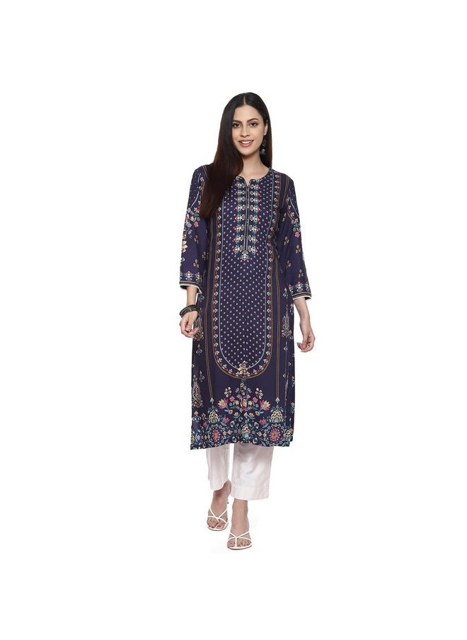 Biba - BIBA Rayon Women Printed Straight Mix and Match Kurta (Assorted19754_Navy_32) - Image 1