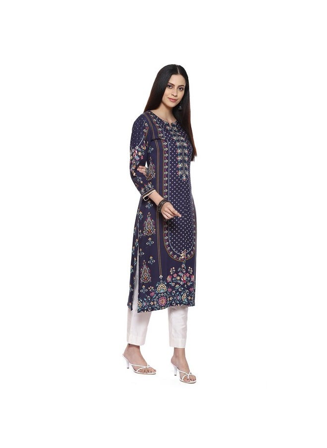 Biba - BIBA Rayon Women Printed Straight Mix and Match Kurta (Assorted19754_Navy_32) - Image 1