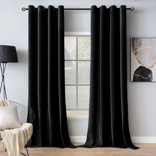 MIULEE Black Velvet Curtains 84 Inches Long Halloween Room Darkening Blackout Curtains with Grommet Top for Bedroom/Living Room Light Blocking Thermal Insulating Soundproof Set of 2 - Image 1