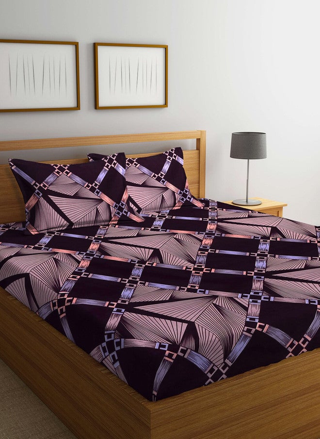 Arrabi Brown Geometric Polycotton 300 TC King Fine Bedsheet with 2 Pillow Covers - Image 1