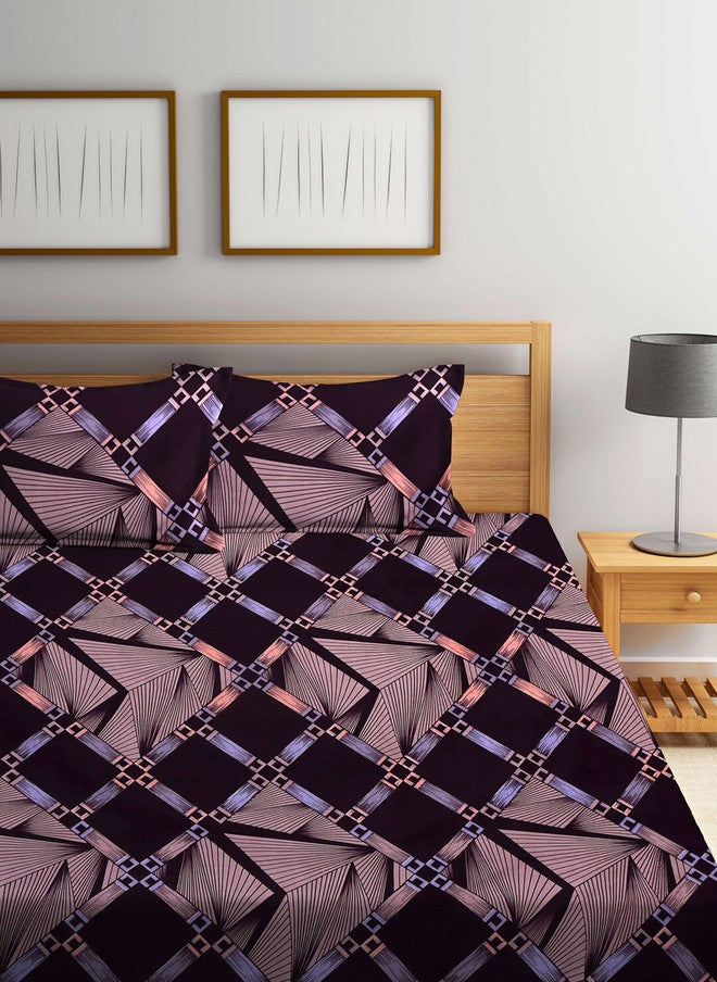 Arrabi Brown Geometric Polycotton 300 TC King Fine Bedsheet with 2 Pillow Covers - Image 2