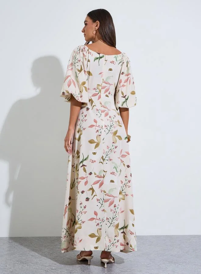 Styli  Multi-Color Floral Print Square Neck Puff Sleeves A-Line Maxi Dress for Women | Best Price UAE