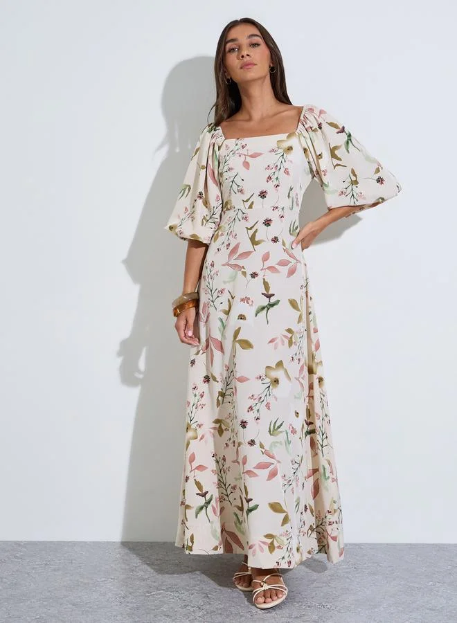 Multi-Color Floral Print Square Neck Puff Sleeves A-Line Maxi Dress