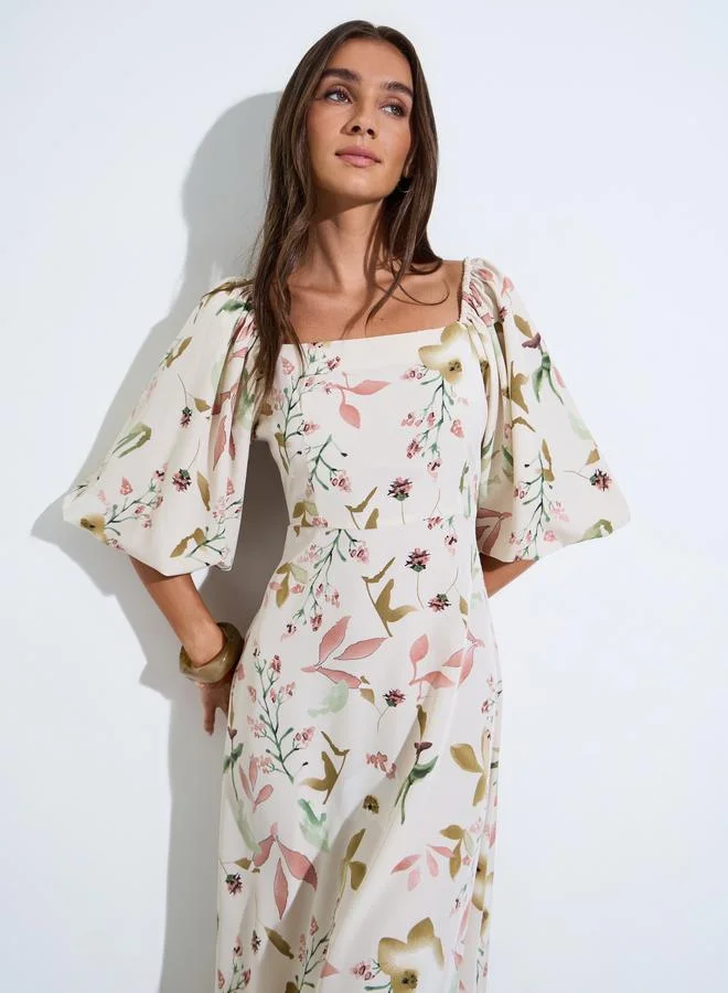 Styli  Multi-Color Floral Print Square Neck Puff Sleeves A-Line Maxi Dress for Women | Best Price UAE