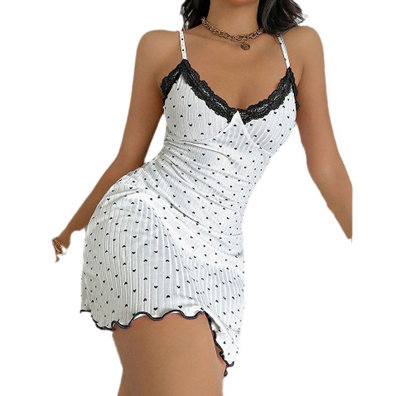 Summer Heart Print Slim Camisole Nightdress Women Lace V-Neck Homewear - Image 4
