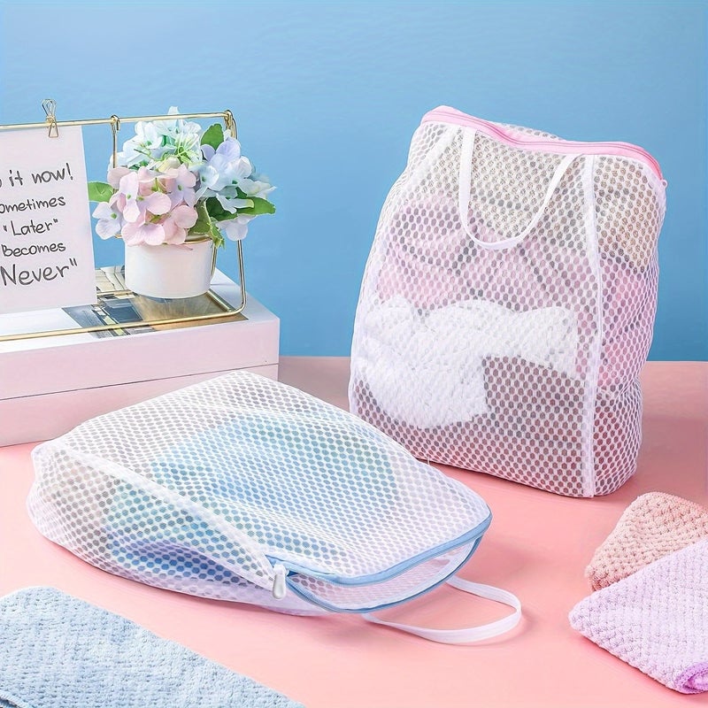 Blue Polyester Mesh Laundry Bag with Zipper Handles 7.87x13.39 Inches - Image 4