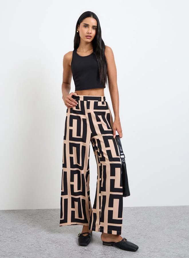 Take Two Beige Geometric Print Wide Leg Pants