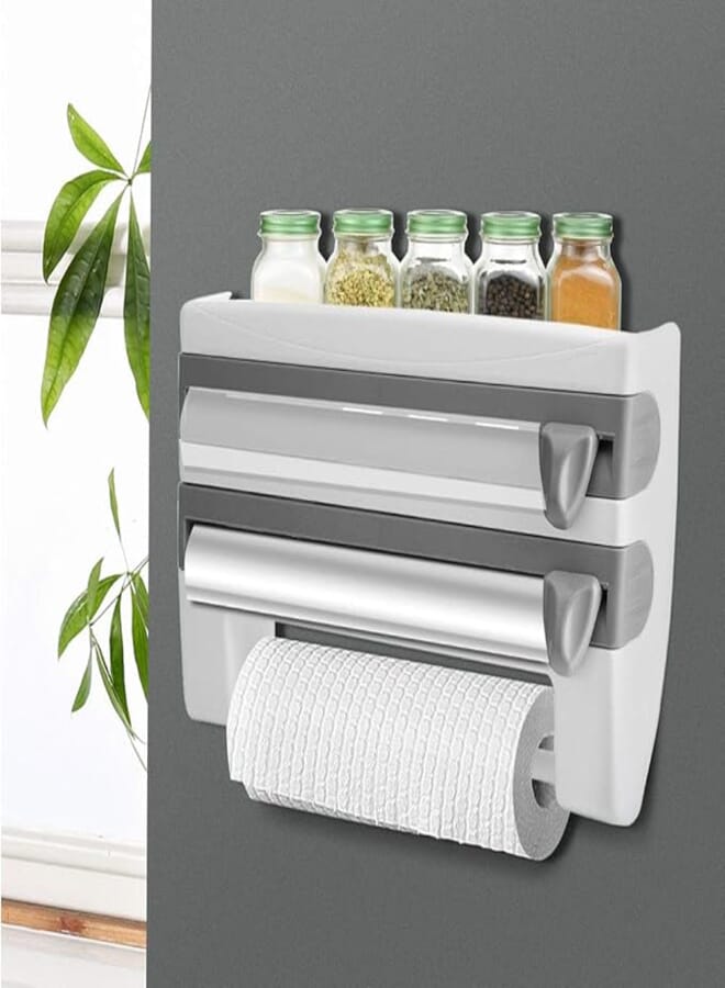 Cling Film Dispenser, Kitchen Roll Holder Wall Mounted Tin Foil Dispenser and Cutter, 3 in 1 Triple Roll Dispenser for Foil, Cling Film and Paper Towel Sauce Bottle Storage Rack Paper Towel Holder