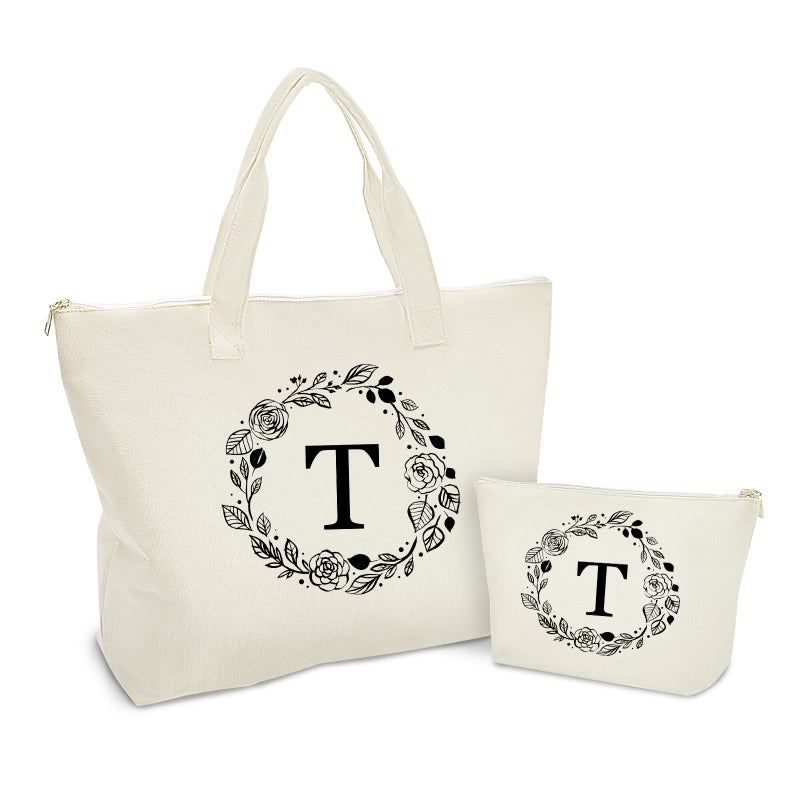 Binggemen Personalized Initial Canvas Tote Bag with Zipper Present Bag with Inner Pocket  Make Up Bag Great Gifts for Women Mom Teachers Friends Bridesmaids