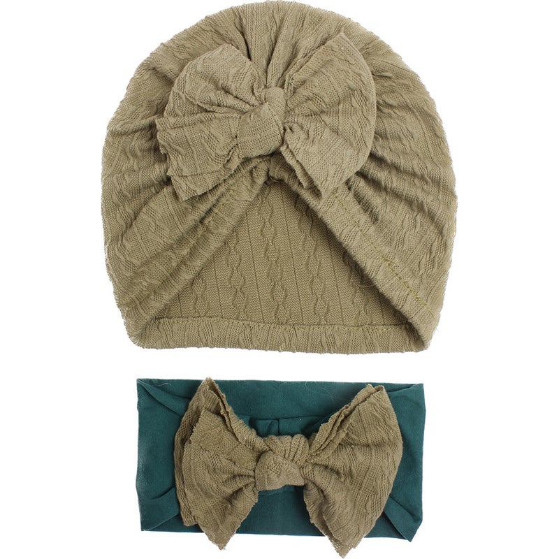 Generic European and American Summer New Baby Jacquard Hat Headband Set Bow Headband Combination Girls Cute Hat Green