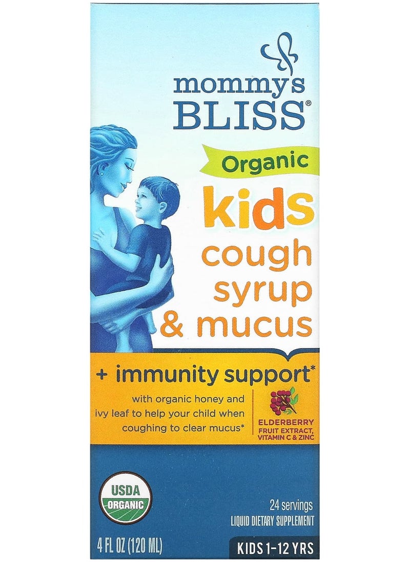 Mommy's Bliss - Kids, Organic Cough Syrup & Mucus + Immunity Support, 1-12 Yrs, Elderberry, 4 fl oz (120 ml) - Image 1