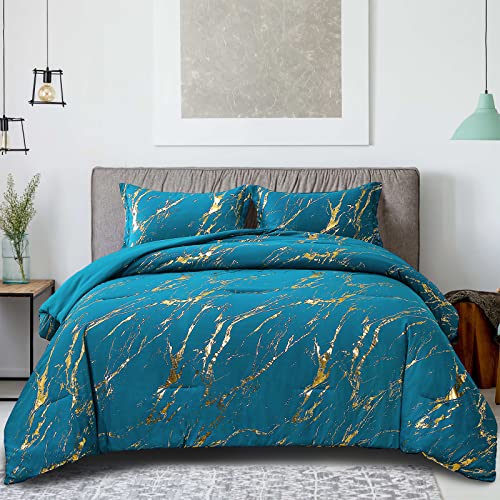WONGS BEDDING Teal Gold Metallic Marble Comforter Set Queen Foil Print Glitter Bedding Sets with 2 Pillowcases for All Seasons Soft Microfiber Filling Bedding Duvet Set 90x90 - Image 1