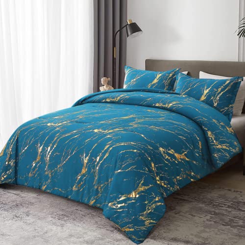WONGS BEDDING Teal Gold Metallic Marble Comforter Set Queen Foil Print Glitter Bedding Sets with 2 Pillowcases for All Seasons Soft Microfiber Filling Bedding Duvet Set 90x90 - Image 3