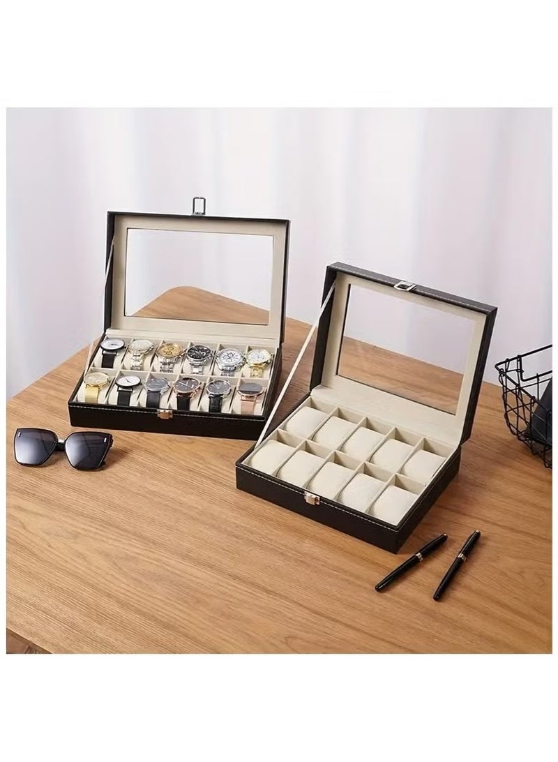 Trendify 12-Slot Luxury PU Leather Watch Box  Display Case – Watch Organizer with Clear Crystal Glass Lid and Soft Cushions – Professional Watch Storage Collection Case for Men and Women – Elegant Wristwatch Holder & Gift Box - Image 2