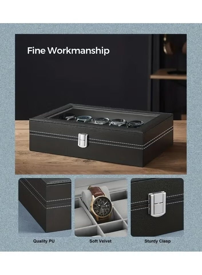 Trendify 12-Slot Luxury PU Leather Watch Box  Display Case – Watch Organizer with Clear Crystal Glass Lid and Soft Cushions – Professional Watch Storage Collection Case for Men and Women – Elegant Wristwatch Holder & Gift Box - Image 4