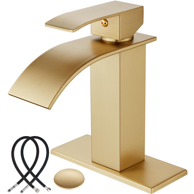 Midanya Bathroom Sink Faucet Waterfall Spout Single Handle 1 Hole Deck Mount Mixer Tap Lavatory Vanity Vessel Faucet Commercial With Pop Up Drain Short  Brushed Gold - Image 1