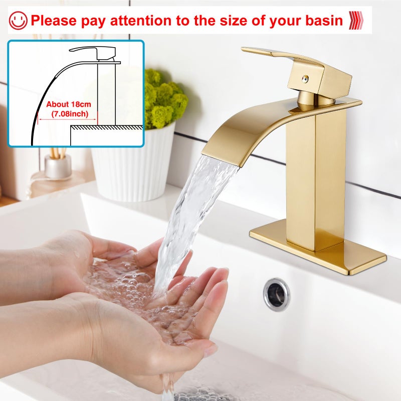 Midanya Bathroom Sink Faucet Waterfall Spout Single Handle 1 Hole Deck Mount Mixer Tap Lavatory Vanity Vessel Faucet Commercial With Pop Up Drain Short  Brushed Gold - Image 3