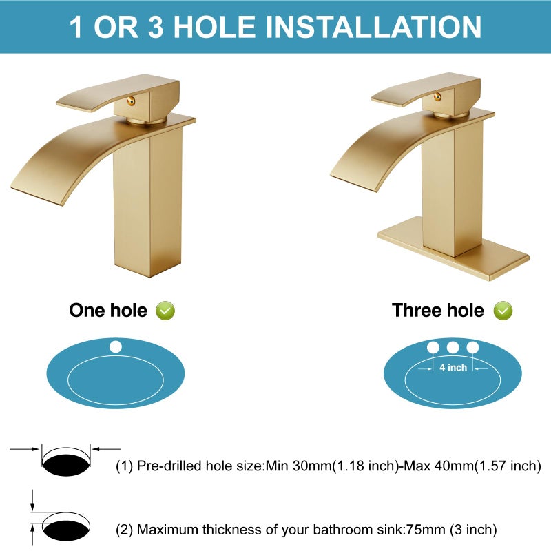 Midanya Bathroom Sink Faucet Waterfall Spout Single Handle 1 Hole Deck Mount Mixer Tap Lavatory Vanity Vessel Faucet Commercial With Pop Up Drain Short  Brushed Gold - Image 2