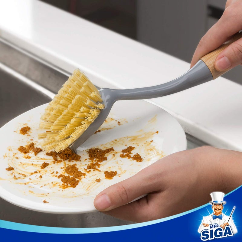 Mr Siga MR.SIGA Dish Brush with Long Bamboo Handle Built-in Scraper, Scrub Brush for Pans, Pots, Kitchen Sink Cleaning, Pack of 2 - Image 2