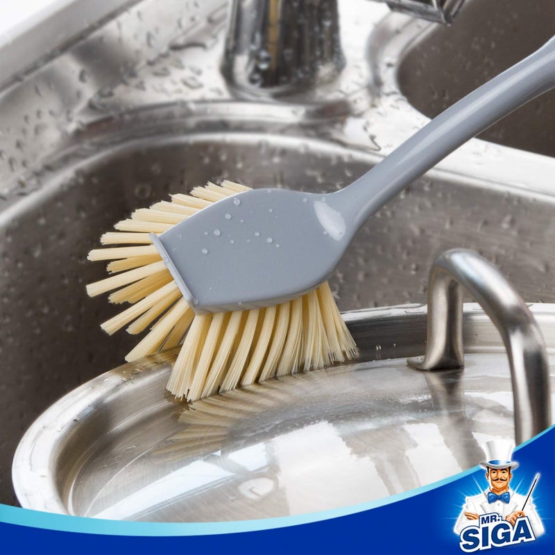 Mr Siga MR.SIGA Dish Brush with Long Bamboo Handle Built-in Scraper, Scrub Brush for Pans, Pots, Kitchen Sink Cleaning, Pack of 2 - Image 4