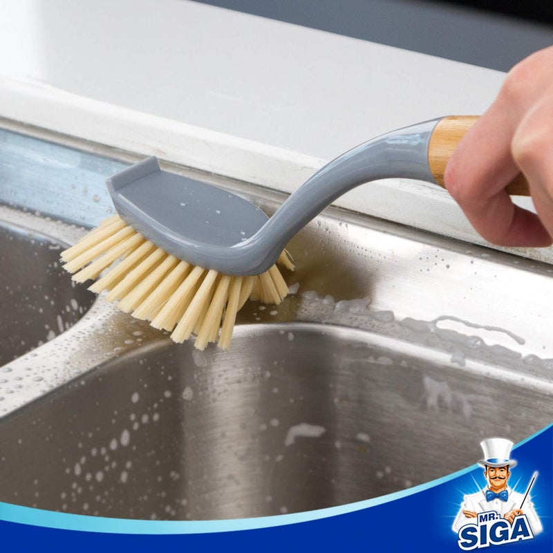 Mr Siga MR.SIGA Dish Brush with Long Bamboo Handle Built-in Scraper, Scrub Brush for Pans, Pots, Kitchen Sink Cleaning, Pack of 2 - Image 5