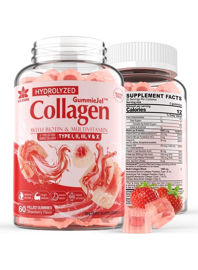 EnvyDeal Sugarfree Hydrolyzed Collagen Peptide Filled Gummiesextra Strength 1500Mg Protein Type Iiiiiivx With 5000Mcg Biotin Vitamin C A E D3 B6 B12 For Immune Digestion Skin Hair Nails Energy Bone Joint - Image 1