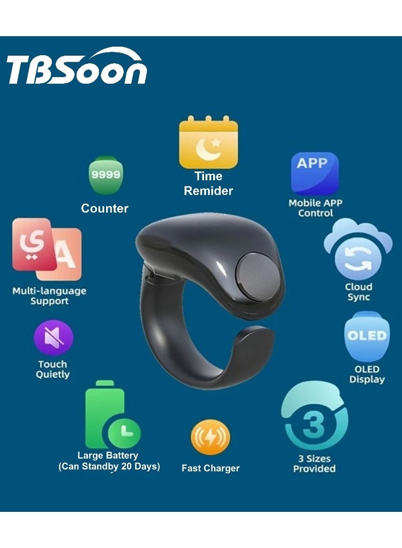 Fashion Tasbih Smart Ring, Tasbeeh Counters, Prayer Direction Indicator Guide, 5 Azan Alarm Clock, Large Battery, OLED Display, Forgiveness, Electronic Rosary, Eid al-Fitr Eid al-Adha Ramadan Gift f - Image 2