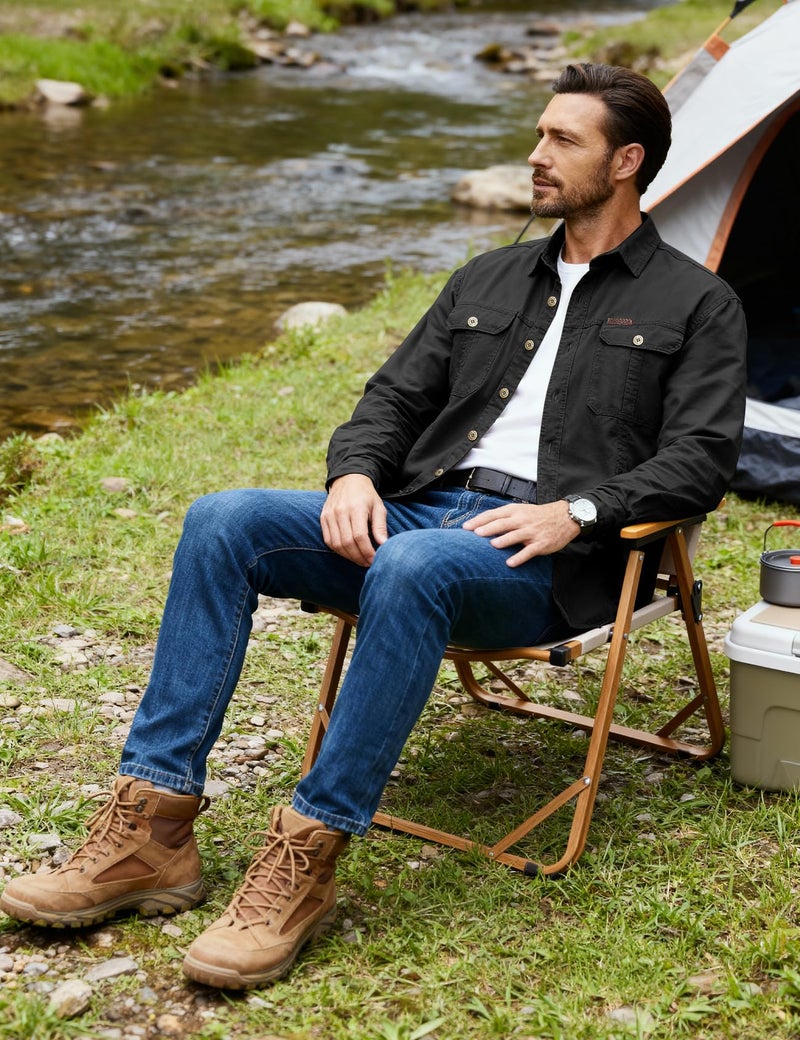 Eisctnd Men's Long Sleeve Work Shirt, Utility Cotton Button Down Cargo Shirts with Pockets for Casual Outdoor Safari Black - Image 3