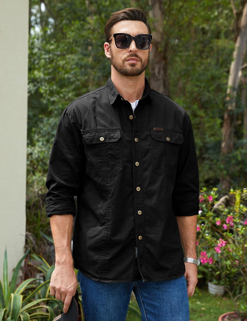Eisctnd Men's Long Sleeve Work Shirt, Utility Cotton Button Down Cargo Shirts with Pockets for Casual Outdoor Safari Black - Image 4