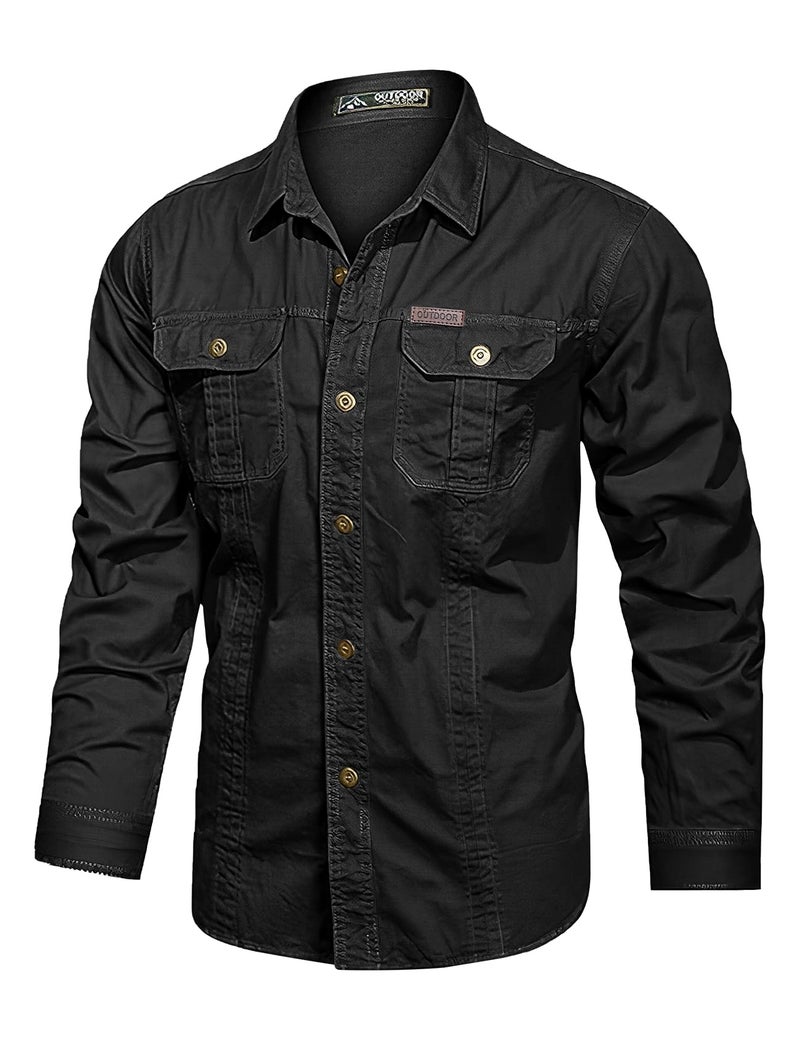 Eisctnd Men's Long Sleeve Work Shirt, Utility Cotton Button Down Cargo Shirts with Pockets for Casual Outdoor Safari Black - Image 1